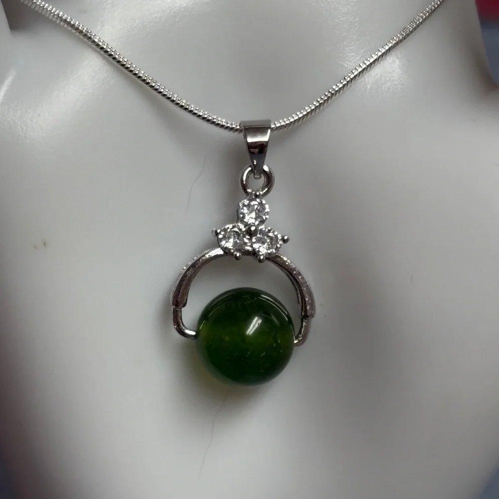NATURAL Green Jadeite Jade Diamond Pendant Stamped 925 Sterling Silver Necklace - Picture 4 of 8